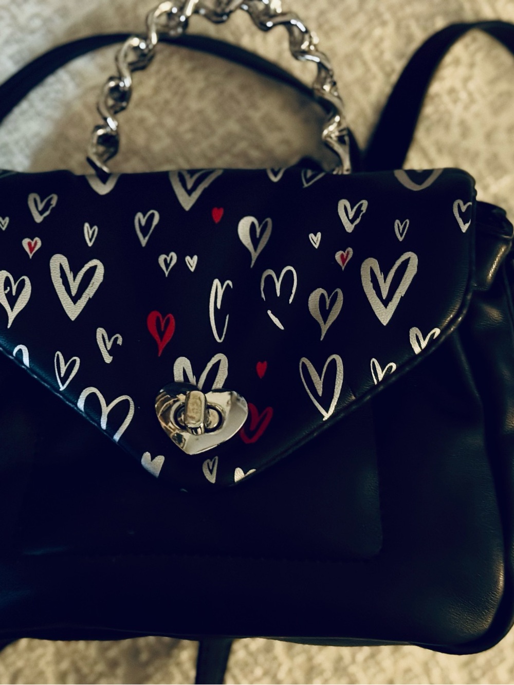 SkinnyDip The Little Black Bag w/Heart-Print Crossbody w/ silver Chain Handle